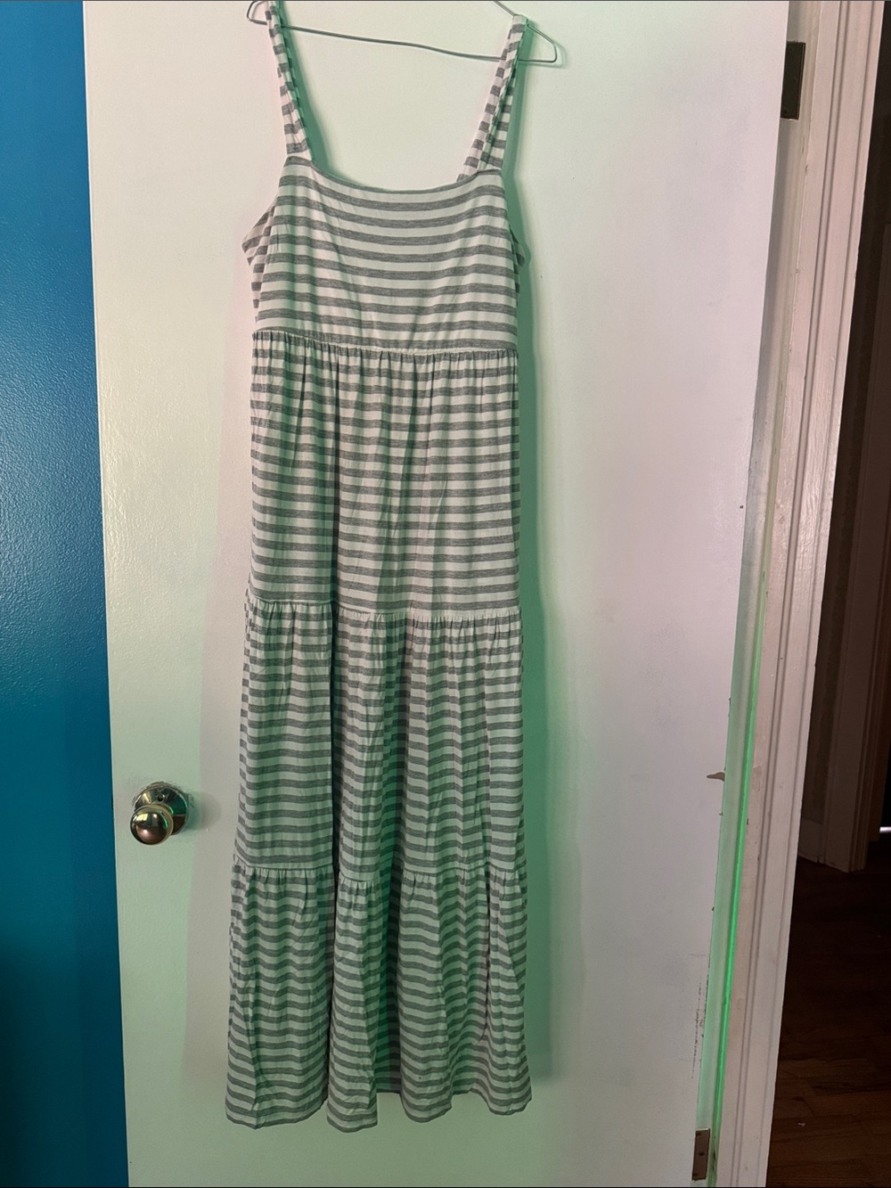 Gray and White Striped Tiered Maxi Dress